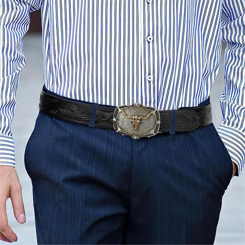 Men's Arenzza retro leather belt with embossed bull head design, featuring classic styling and durable leather construction.