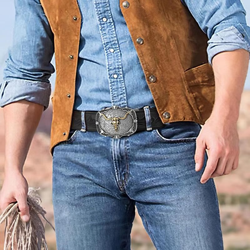 Men's retro bull head embossed leather belt by Arenzza featuring detailed bull head design on brown leather strap.