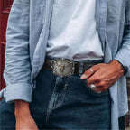 A men's retro bull head embossed leather belt from Arenzza featuring a bold, textured design and silver buckle.
