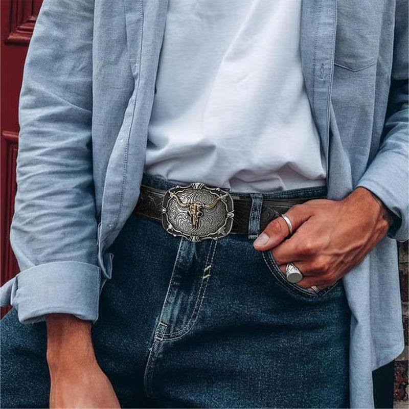 A men's retro bull head embossed leather belt from Arenzza featuring a bold, textured design and silver buckle.
