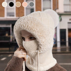 A stylish Arenzza chunky winter knit hat with warm face cover and matching scarf, perfect for cold weather.