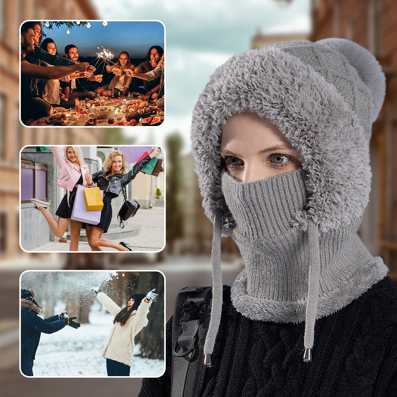 Aarenza stylish chunky winter knit hat with warm face cover and scarf, perfect for cold weather accessories.