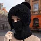 Arenzza stylish chunky winter knit hat with warm face cover and scarf, perfect for cold weather and winter outdoor wear.