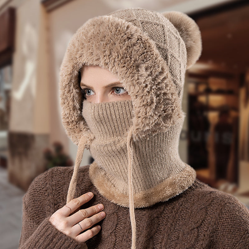 A stylish Arenzza chunky winter knit hat with warm face cover and matching scarf, perfect for cold weather.