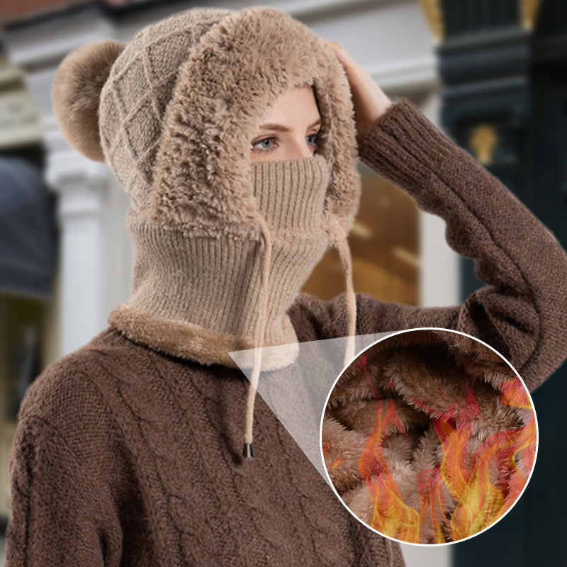 Aarenza stylish chunky winter knit hat with warm face cover and matching scarf, perfect for cold weather warmth and fashion.