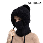 Aarenza stylish chunky winter knit hat with warm face cover and scarf, designed for cold weather and winter fashion.
