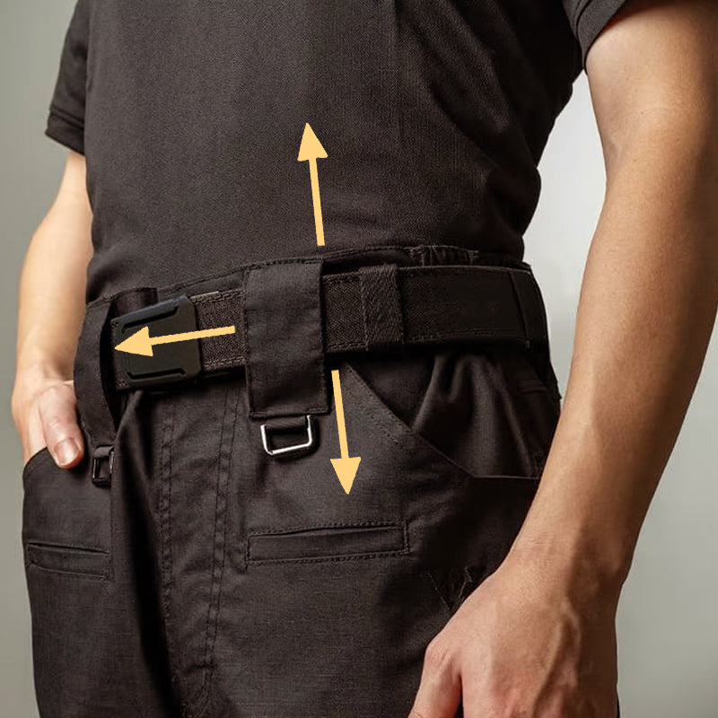 Arenzza tactical belt with quick release metal buckle, durable clothing accessory, shown with black strap and sturdy hardware.