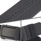 Arenzza tactical belt with quick release metal buckle, durable black leather strap for clothing and outdoor accessories.