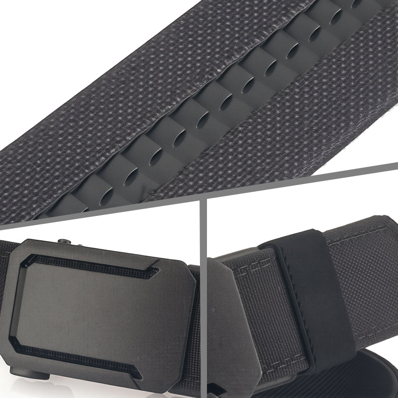 Arenzza tactical belt with quick release metal buckle, durable black leather strap for clothing and outdoor accessories.