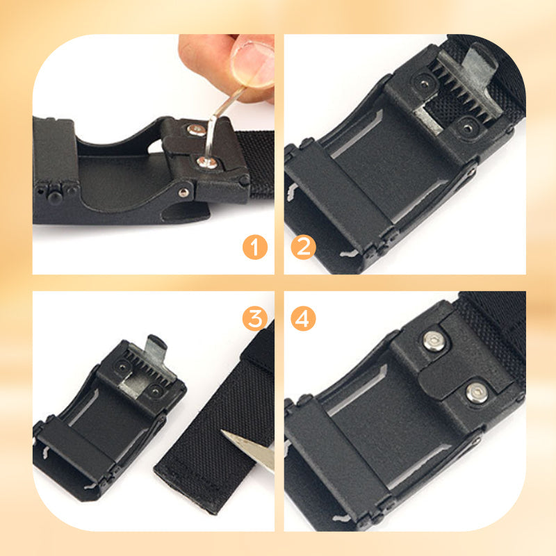 Arenzza tactical belt with quick release metal buckle, black nylon strap, and sturdy metal clasp for outdoor and tactical use.