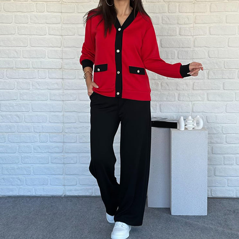 Aarenza women's casual color block two-piece set featuring a long-sleeve top and matching pants, stylish and comfortable clothing.