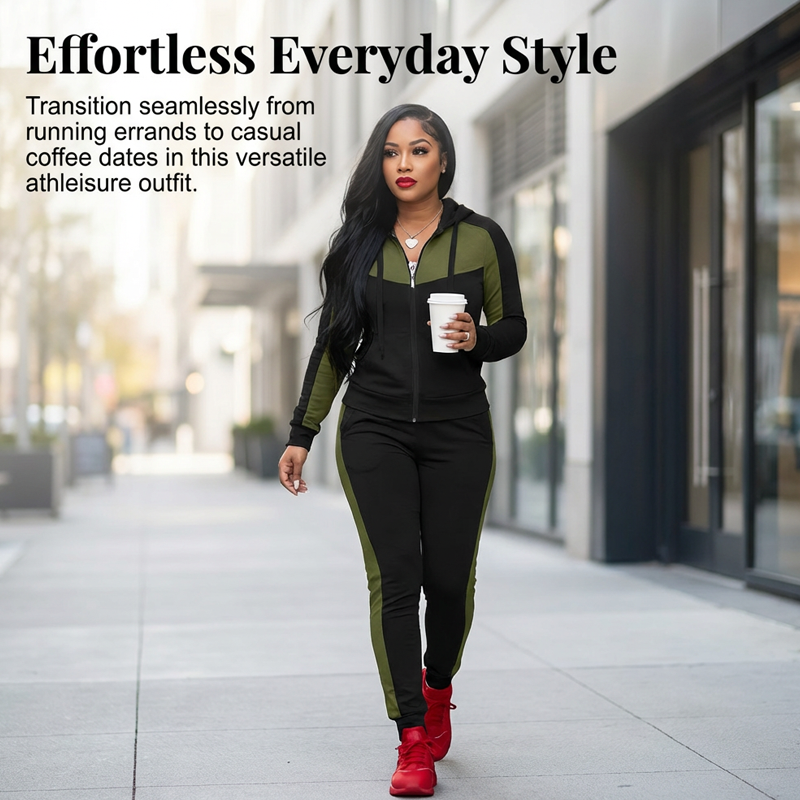 A woman wearing a women's 2-piece color-block tracksuit set by Arenzza, featuring a matching top and pants in vibrant color blocks.