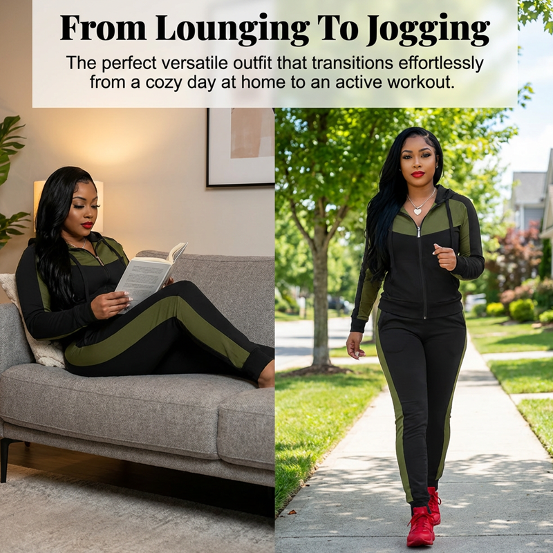 Aarenza women's 2-piece color-block tracksuit set with matching sweatshirt and pants in vibrant color blocks, casual athletic style.