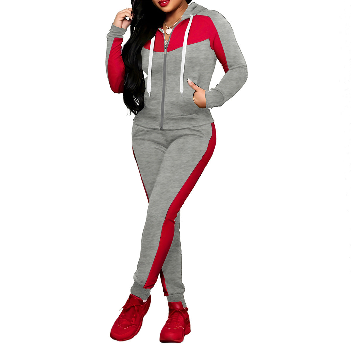 Women’s color-block tracksuit set by Arenzza, featuring a stylish two-piece athletic clothing and accessories ensemble.