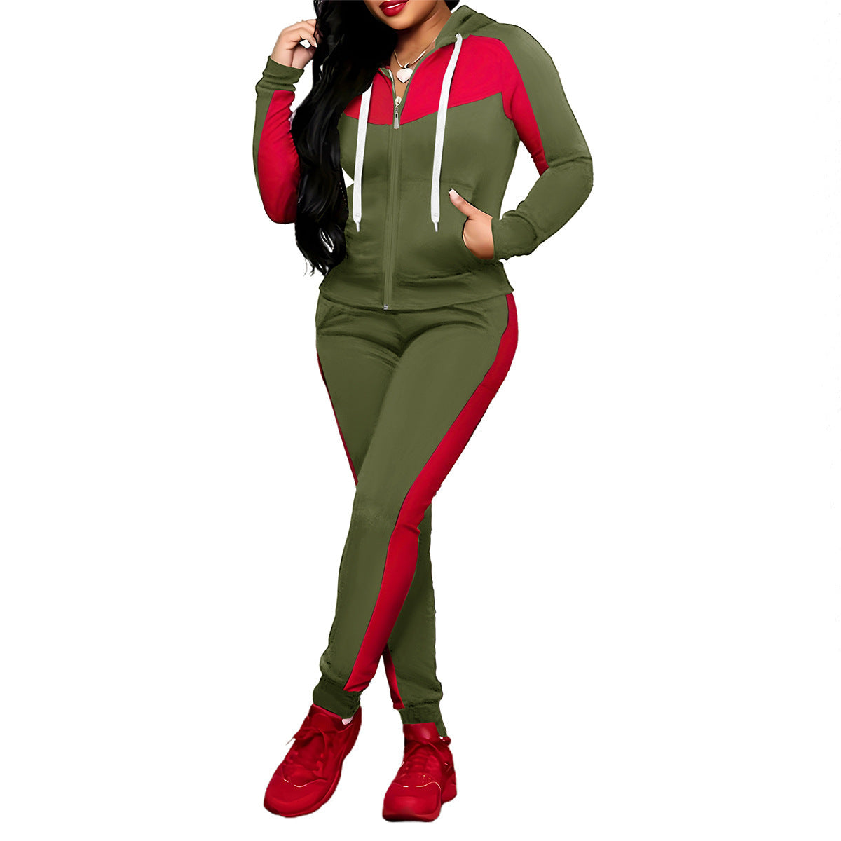 A women's Arenzza 2-piece color-block tracksuit set with a matching hoodie and joggers in vibrant color blocks.