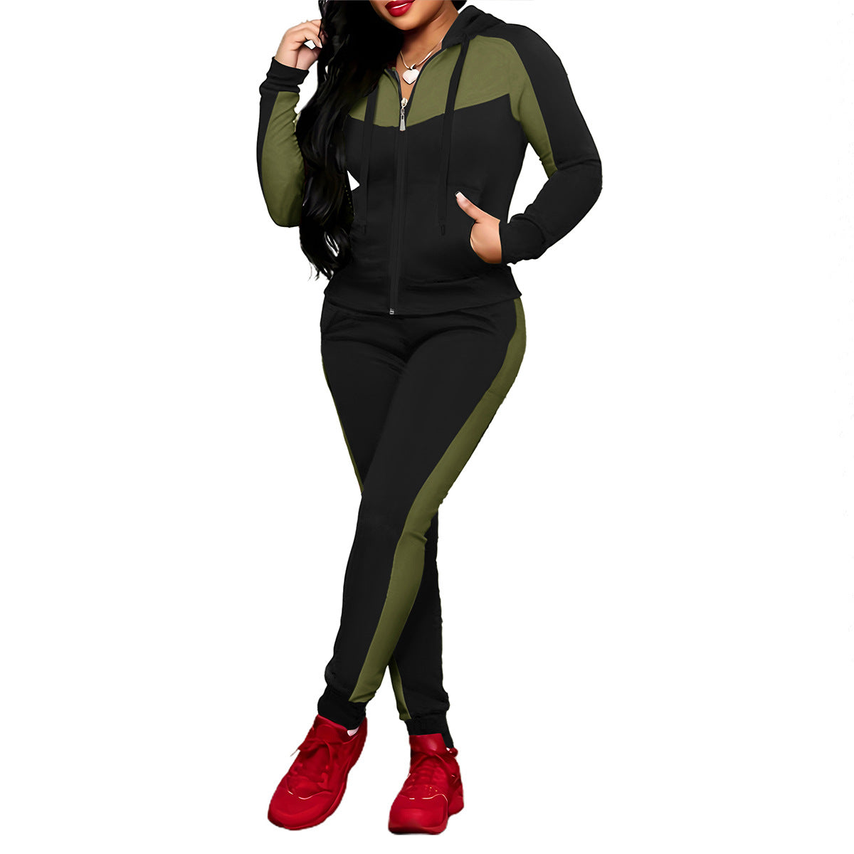 Women's Arenzza 2-piece color-block tracksuit set with a fitted jacket and matching pants, casual athletic clothing.