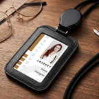 Arenzza retractable ID badge holder with lanyard, clear plastic holder displaying an ID card, attached to a black lanyard.