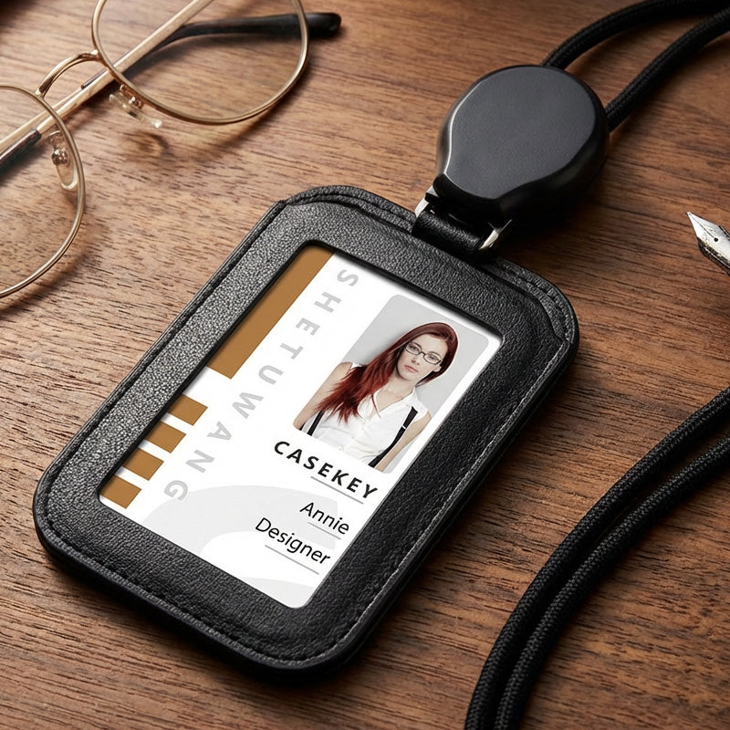 Arenzza retractable ID badge holder with lanyard, clear plastic holder displaying an ID card, attached to a black lanyard.