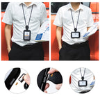 Arenzza retractable ID badge holder with lanyard, clear plastic sleeve for displaying ID cards, hanging from a black lanyard.