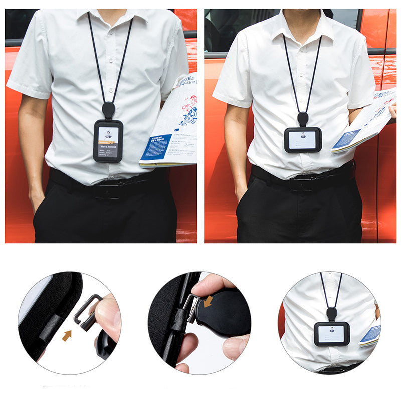 Arenzza retractable ID badge holder with lanyard, clear plastic sleeve for displaying ID cards, hanging from a black lanyard.