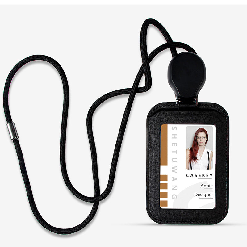 Arenzza retractable ID badge holder with lanyard, clear plastic pocket for ID cards, black adjustable lanyard for clothing or accessories.