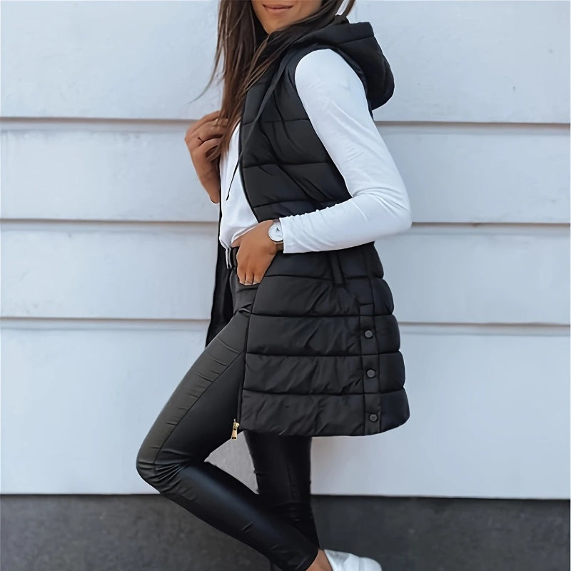 Aarenza Women's zip-up long puffer vest in black, showcasing a stylish and insulated outerwear design for cold weather.