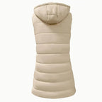 Aarenza women's zip-up long puffer vest, stylish winter outerwear in black, featuring a high collar and quilted design.