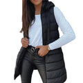 Aarenza women's zip-up long puffer vest in black, featuring a high collar and quilted design for warmth and style.