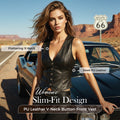 Women’s black PU leather V-neck button-front vest by Arenzza, stylish sleeveless clothing with front buttons and a fitted design.
