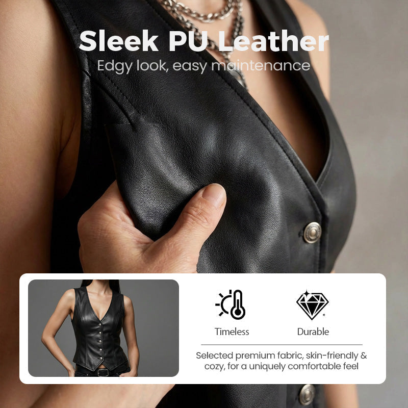 Aarenza women's PU leather V-neck button-front vest in black, featuring a sleek, fitted design and stylish collar detail.