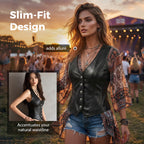 A women’s PU leather V-neck button-front vest by Arenzza, showcasing a stylish black vest with silver buttons on a plain background.