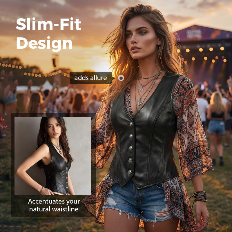 A women’s PU leather V-neck button-front vest by Arenzza, showcasing a stylish black vest with silver buttons on a plain background.