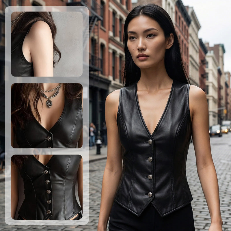 Aarenza women's PU leather V-neck button-front vest in black, styled with a fitted silhouette and front button closure.