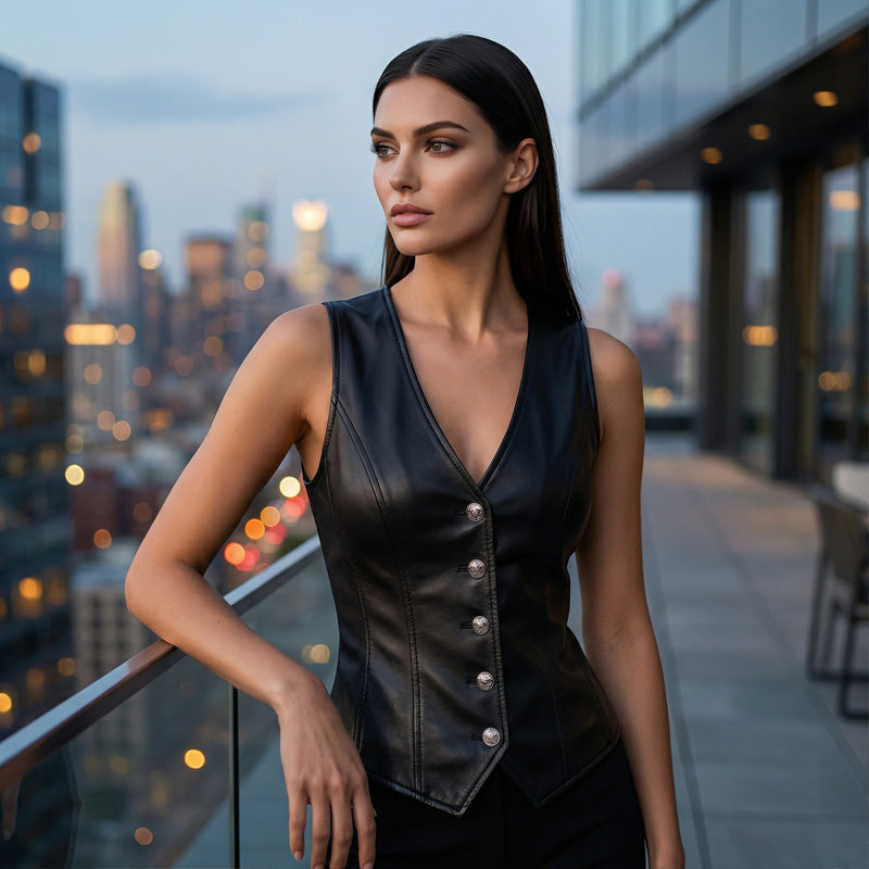 Women’s PU leather V-neck button-front vest by Arenzza, featuring a stylish fitted design and front button closure.