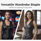 Women’s PU leather V-neck button-front vest by Arenzza, shown in black with stylish design and front buttons.