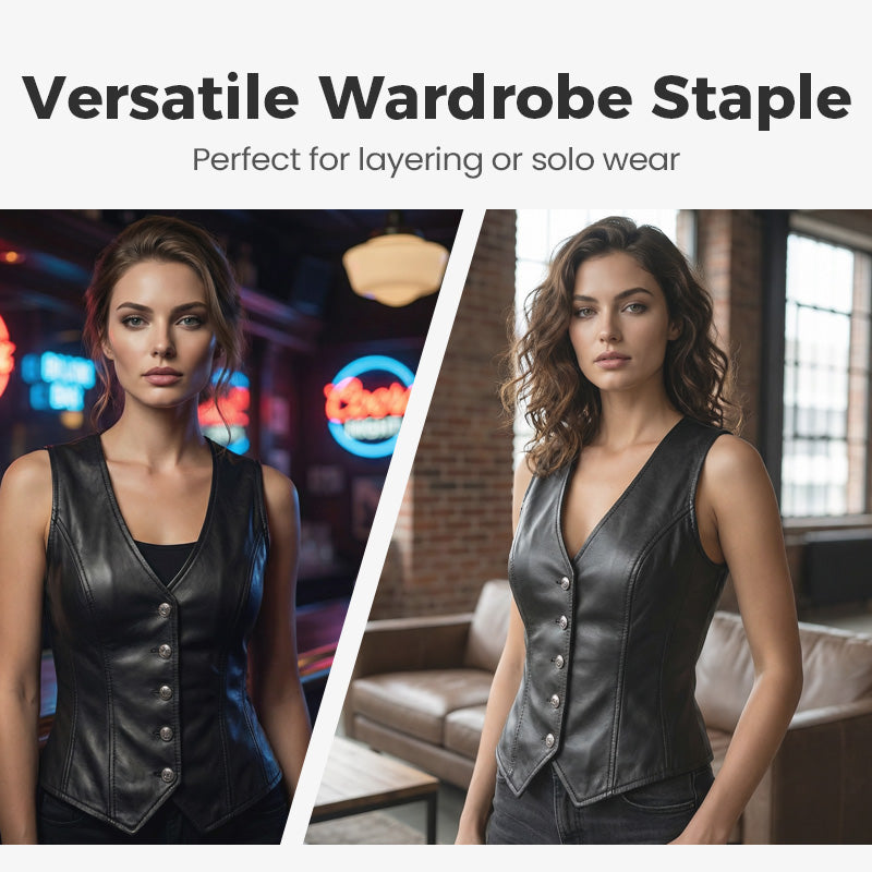 Women’s PU leather V-neck button-front vest by Arenzza, shown in black with stylish design and front buttons.