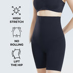 A woman wears black Arenzza women's tummy control butt-lifting shapewear, showing a smooth, contoured fit on her midsection and hips.