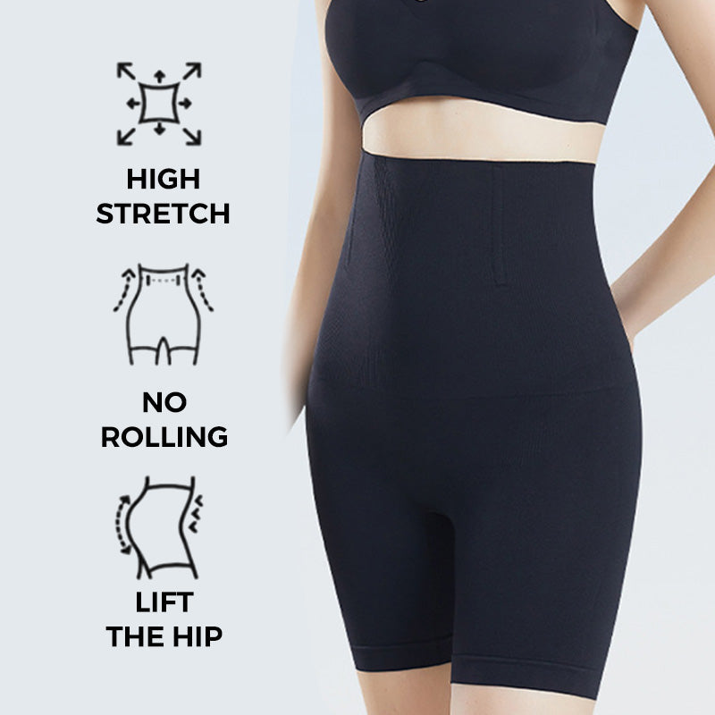 A woman wears black Arenzza women's tummy control butt-lifting shapewear, showing a smooth, contoured fit on her midsection and hips.