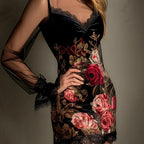 Arenzza floral print sheer sleeve bodycon mini dress with vibrant floral patterns and fitted silhouette, perfect for stylish occasions.