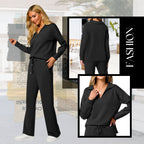 A woman wearing a soft, breathable Arenzza women's casual sweatsuit set in relaxed fit, ideal for lounge or sport.