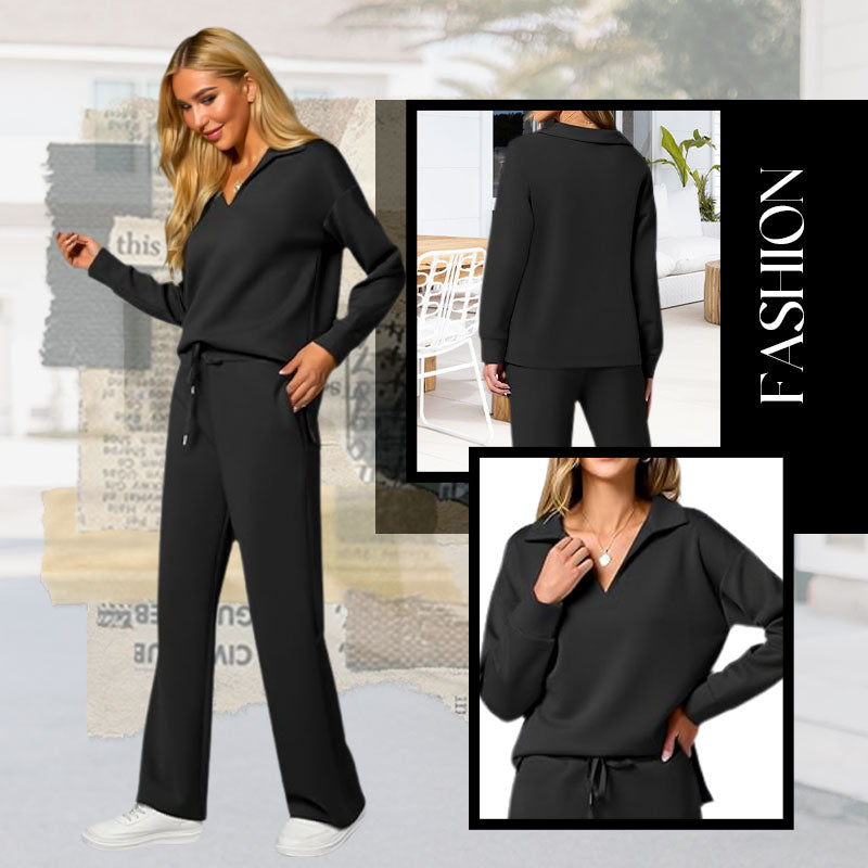 A woman wearing a soft, breathable Arenzza women's casual sweatsuit set in relaxed fit, ideal for lounge or sport.