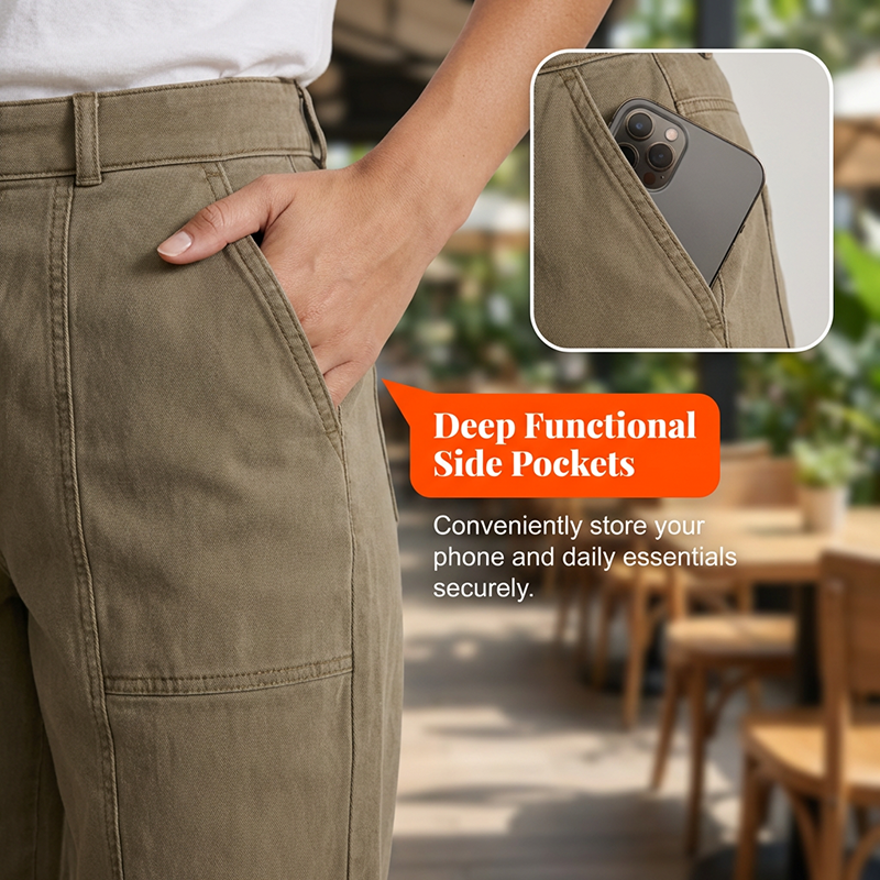 A pair of women's high-waist tapered utility pants by Arenzza with practical pockets and wrinkle-resistant fabric, shown on a white background.