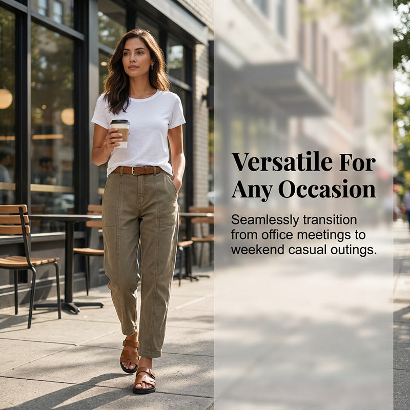 A pair of Arenzza women's high-waist tapered utility pants with practical pockets in a slim fit, wrinkle-resistant fabric.