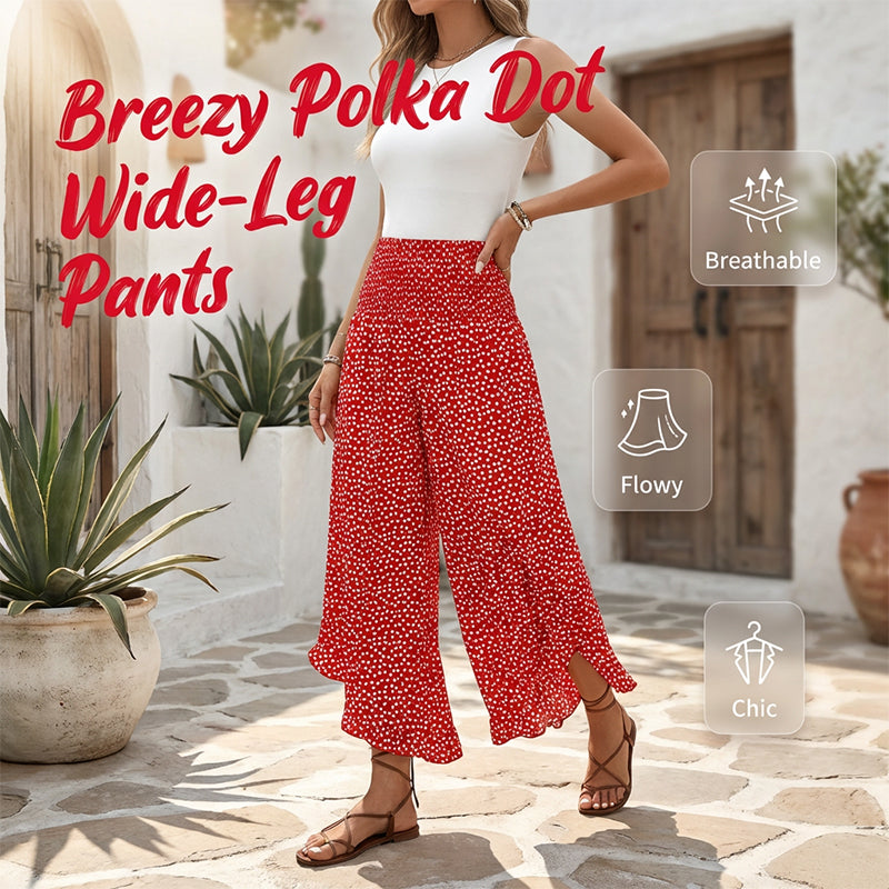 A woman wearing Arenzza high waist wide-leg flowy pants, showcasing their slimming, comfy, chic fit in a stylish outfit.