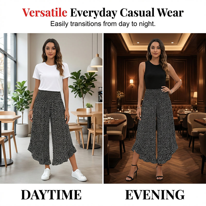 A woman wearing Arenzza women's high waist wide-leg flowy pants, showcasing their slimming, comfortable, and chic style.