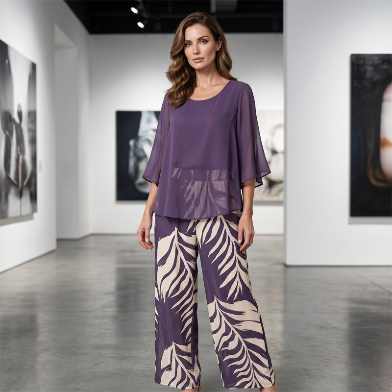 Arenzza women's elegant flowy top and printed pants set, showcasing lightweight fabric and stylish design for casual wear.