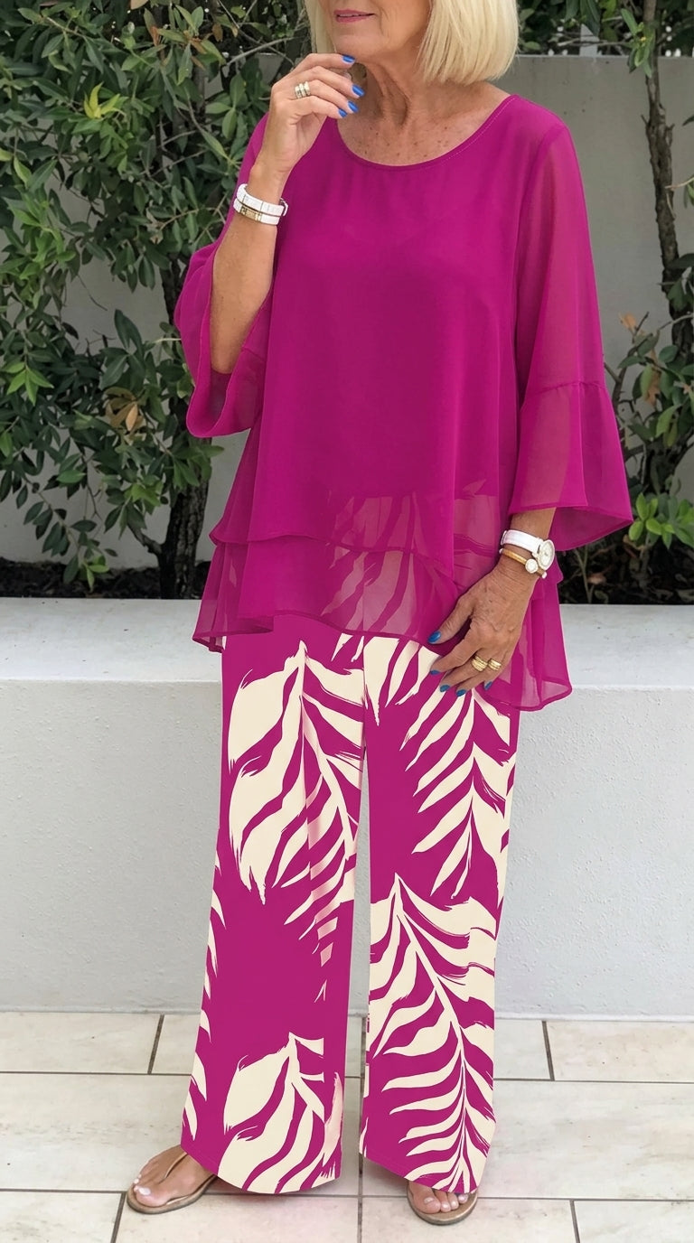 Aarenza women's elegant flowy top and printed pants set, stylish clothing with a relaxed fit, displayed on a model.