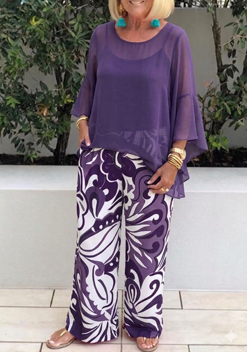 Arenzza women's elegant flowy top and printed pants set, featuring a stylish, comfortable clothing ensemble for women.