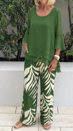 Aarenza women's elegant flowy top and printed pants set, stylish clothing with a loose fit and vibrant pattern, perfect for casual wear.