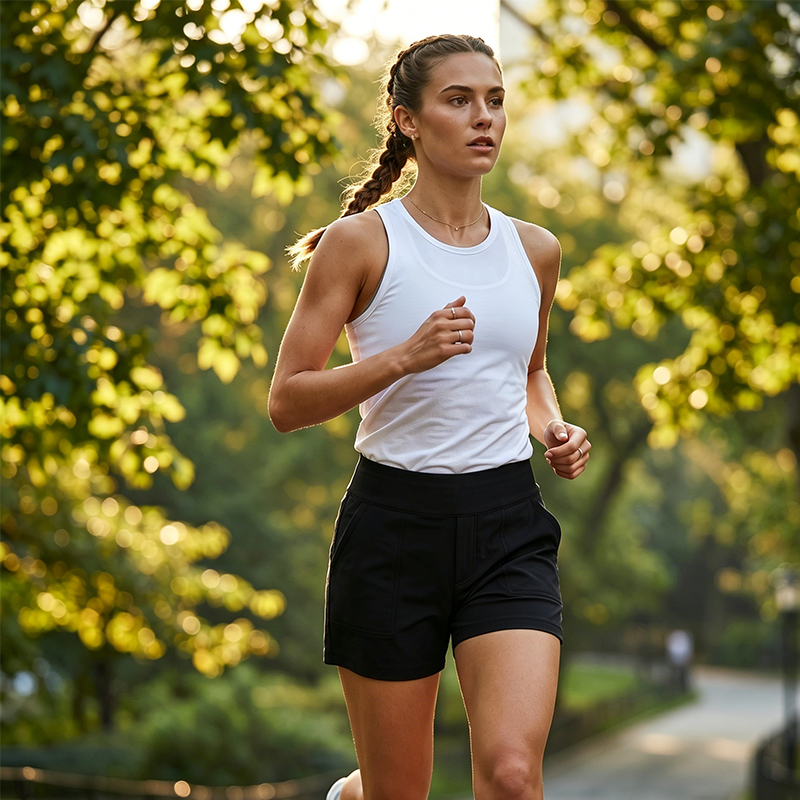A pair of Arenzza women's high-waisted shorts with tummy control, 4-way stretch, in butter-soft fabric, displayed on a hanger.